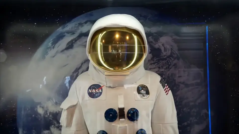 An astronaut suit on display in front of a picture of Earth, inside the Intergalactic Adventures mobile museum