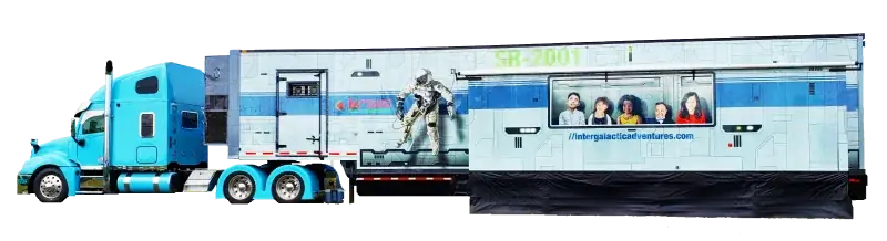 The Intergalactic Adventures truck and trailer, painted light blue and silver
